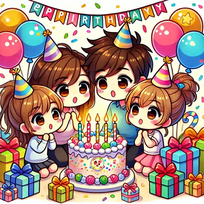 Ảnh chibi gia đình 4 người tổ chức sinh nhật
