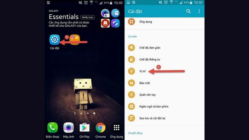 Ảnh chụp màn hình cài đặt Vị trí trên điện thoại Android để bật hoặc tắt định vị GPS