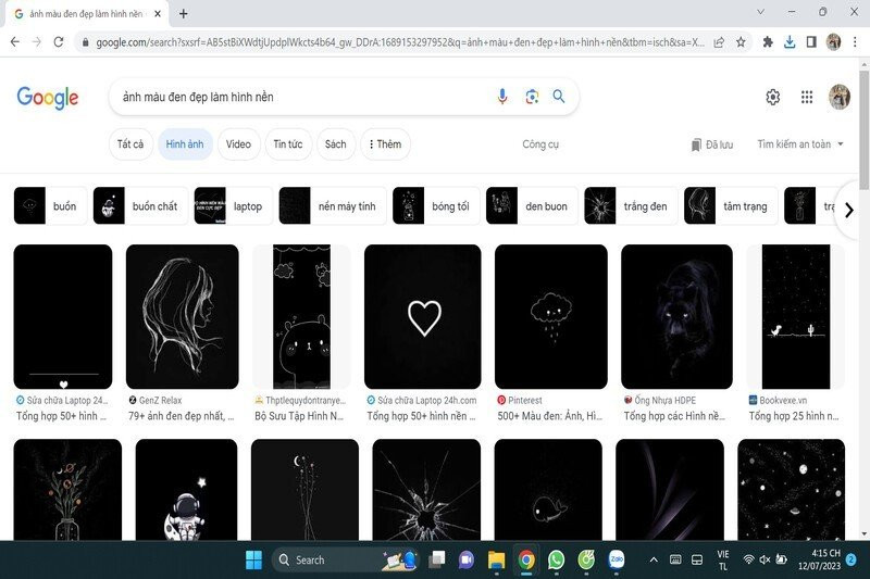 Ảnh chụp màn hình kết quả tìm kiếm ảnh màu đen trên Google