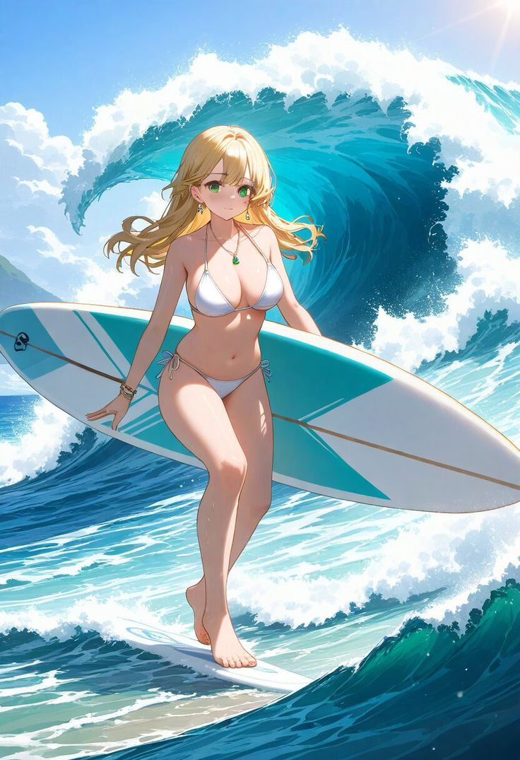 Ảnh cô gái anime trượt ván nước trong bikini