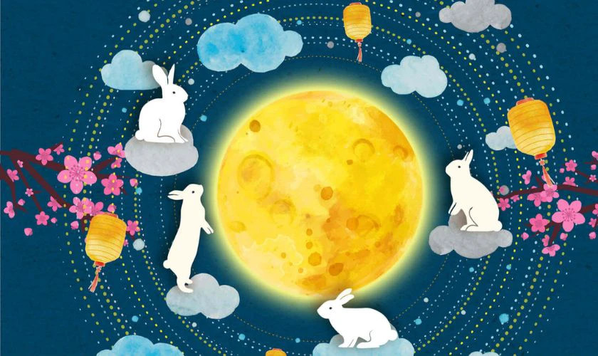 Ảnh đồ họa chú thỏ ngọc ngồi dưới gốc cây trên mặt trăng
