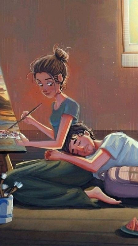 Ảnh đôi ny vẽ minh họa cảnh làm việc và nghỉ ngơi