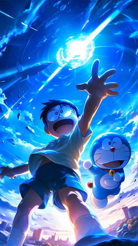 Ảnh Doremon cute và Nobita bay bằng chong chóng tre