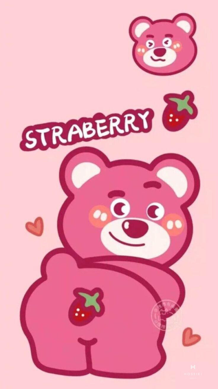 Ảnh gấu dâu cute ôm trái dâu tây lớn