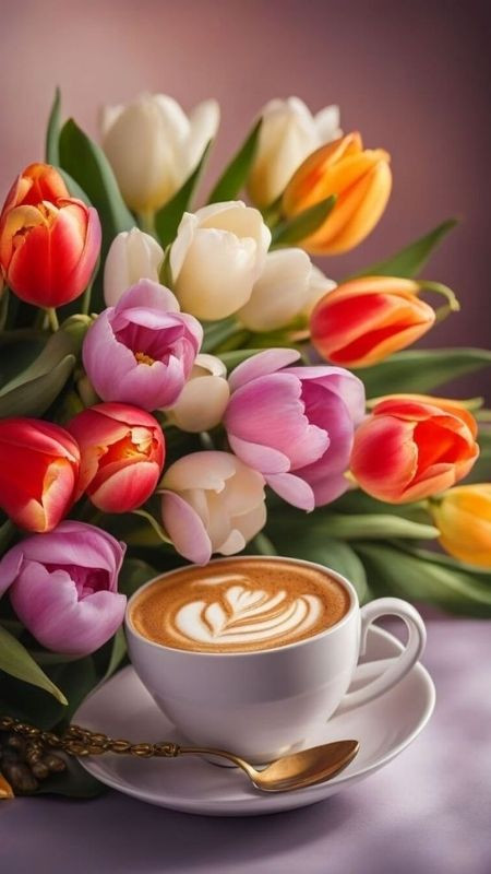 Ảnh hoa tulip chill, ấn tượng cùng tách cà phê buổi sớm