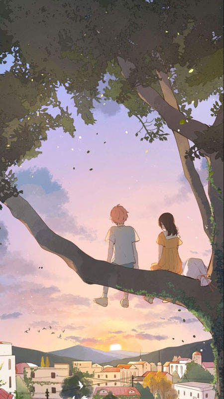 Ảnh hoạt hình buồn cute hình cô gái ngồi dưới cây hoa