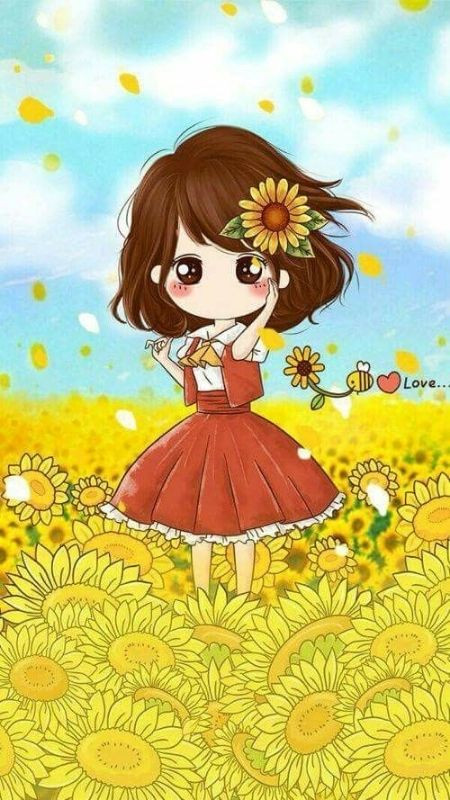 ảnh hoạt hình Chibi cô gái và vườn hướng dương rực rỡ