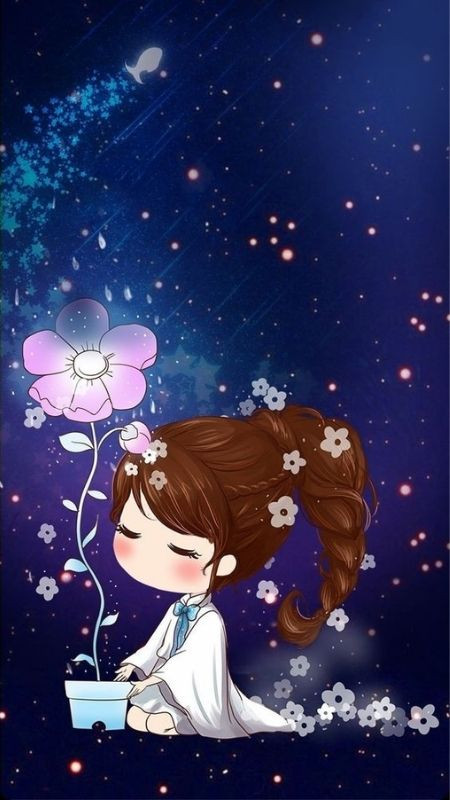 ảnh hoạt hình Chibi cô gái xinh đẹp bên cây hoa