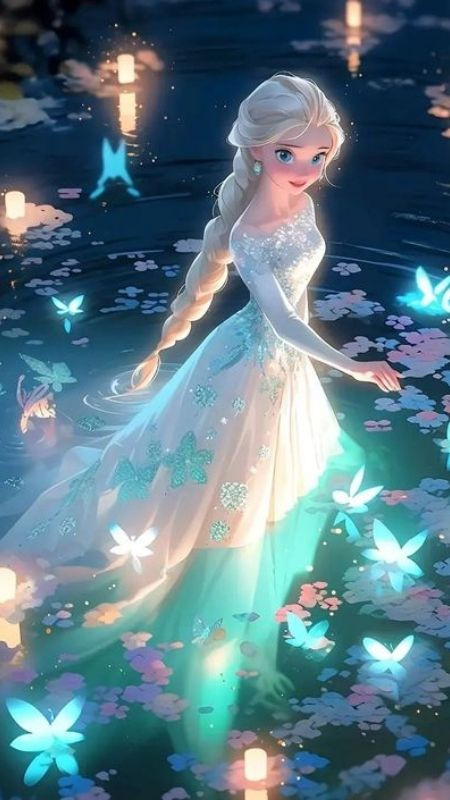 ảnh hoạt hình Chibi công chúa băng giá trên mặt hồ