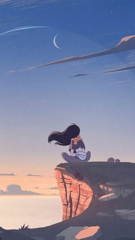 Ảnh hoạt hình cô gái buồn ngồi trên cầu thang