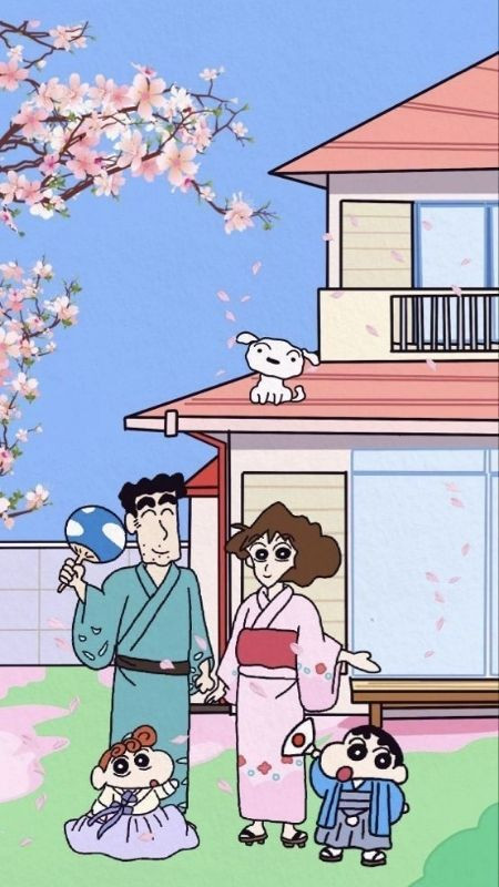 ảnh hoạt hình gia đình Shin trong bộ đồ truyền thống Nhật Bản