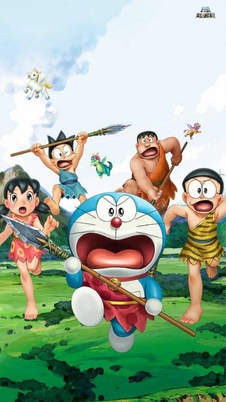 ảnh hoạt hình nhóm bạn Doraemon khám phá thời nguyên thủy
