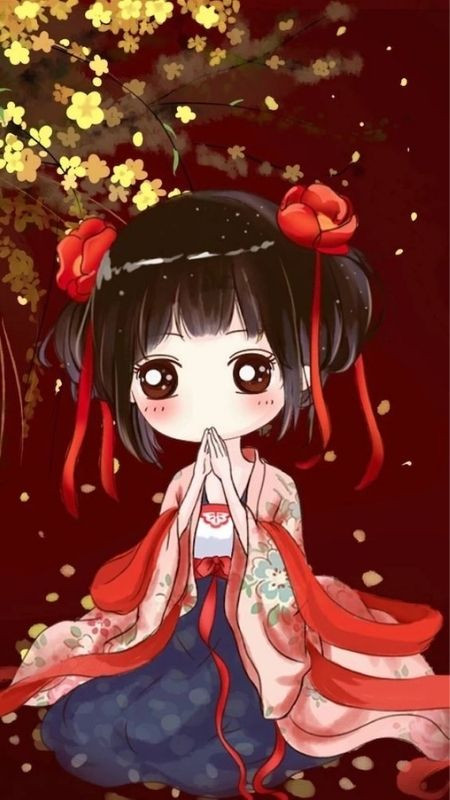 ảnh hoạt hình thiếu nữ ngây thơ đáng yêu bên cành mai vàng