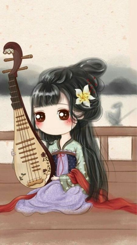 ảnh hoạt hình thiếu nữ và cây đàn tranh xinh đẹp cổ trang