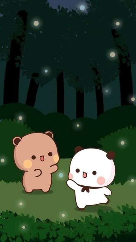 ảnh icon hoạt hình gấu trắng và xám bắt đom đóm trong đêm