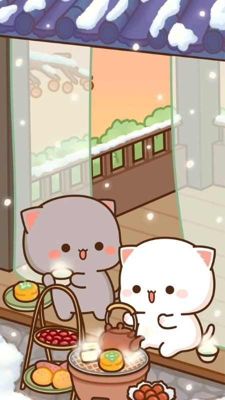 ảnh icon hoạt hình gấu trắng và xám cùng uống trà giữa trời tuyết