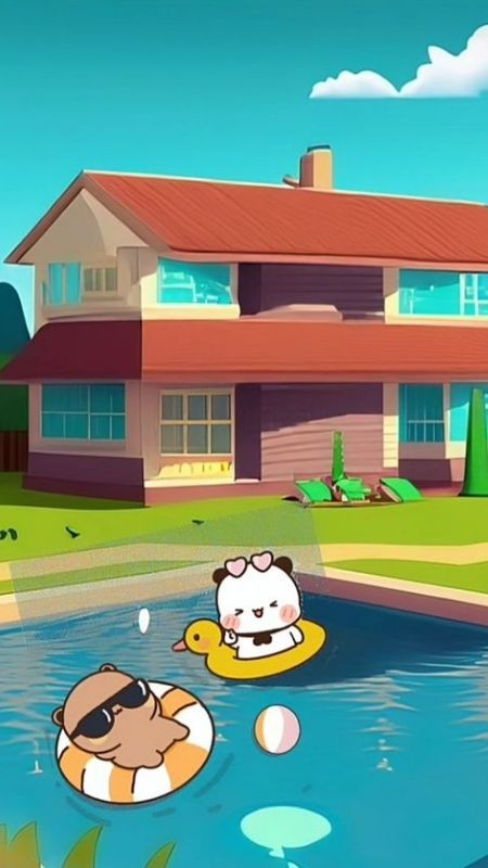 ảnh icon hoạt hình gấu trắng và xám tắm hồ bơi mùa hè