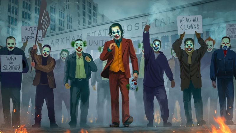 Ảnh Joker với bộ trang phục màu tím và mái tóc xanh