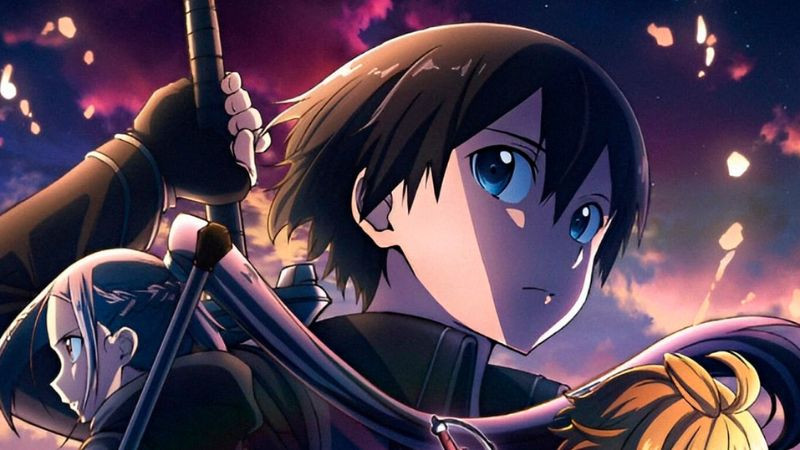 Ảnh Kirito đứng trong thế giới ảo của Sword Art Online với phông nền ấn tượng