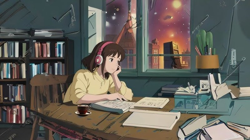 Ảnh lofi anime về một người ngồi ngắm nhìn cảnh đêm từ cửa sổ