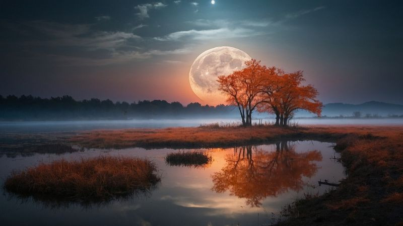 Ảnh mặt trăng mùa thu xuyên qua tán lá vàng