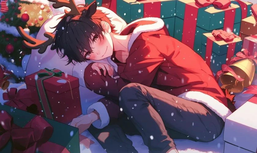 Ảnh nam anime chibi dễ thương đang ngủ trong không khí Giáng sinh