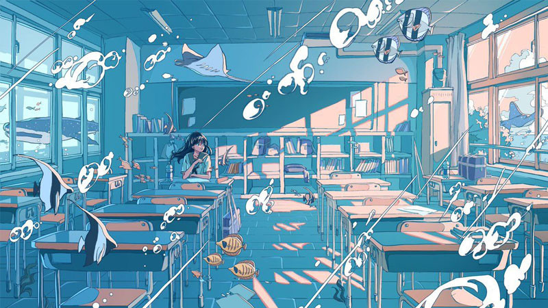 Ảnh nền máy tính anime với bầu trời xanh và thành phố