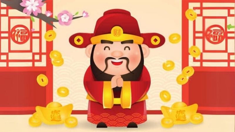 Ảnh nền Thần Tài đứng trên thỏi vàng với bầu trời xanh