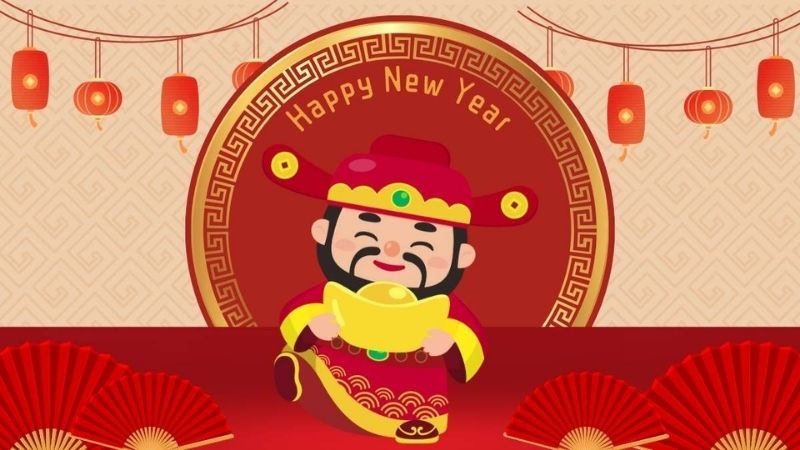 Ảnh nền Thần Tài ngồi trên đống vàng với áo choàng đỏ