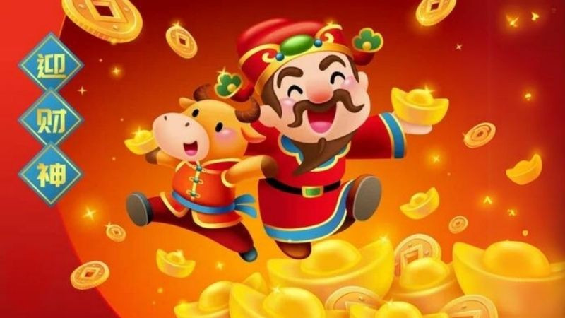 Ảnh nền Thần Tài ngồi trên đống vàng với nụ cười tươi rói