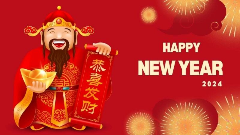 Ảnh nền Thần Tài ngồi trên đống vàng với phong cách hoạt hình