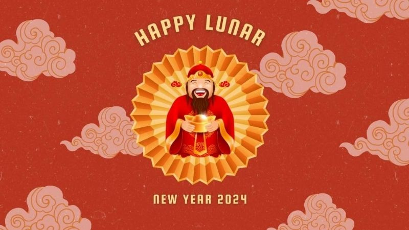 Ảnh nền Thần Tài ngồi trên ngai vàng đầy châu báu