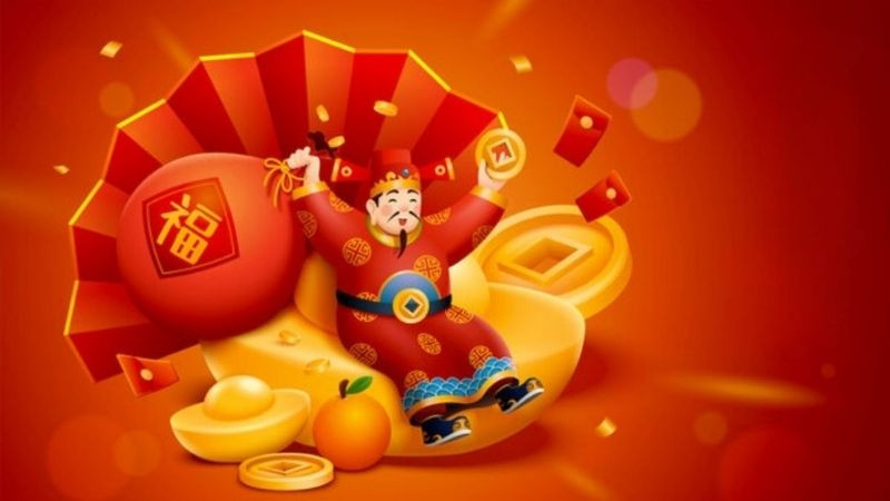 Ảnh nền Thần Tài tay cầm gậy như ý và đồng tiền cổ