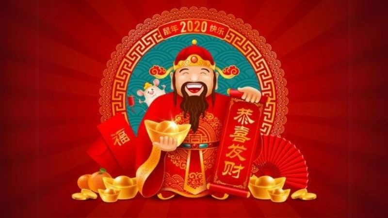 Ảnh nền Thần Tài với màu sắc chủ đạo là đỏ và vàng