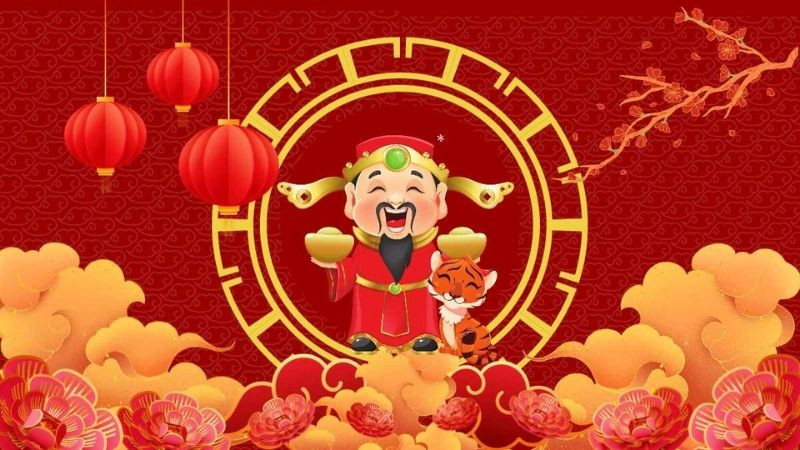 Ảnh nền Thần Tài với nụ cười thân thiện và ánh hào quang