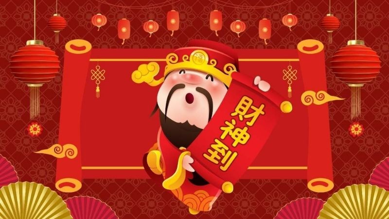 Ảnh nền Thần Tài với nụ cười tươi tắn và tiền xu