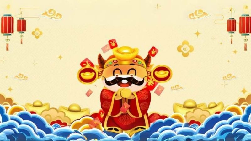 Ảnh nền Thần Tài với trang phục đỏ và thỏi vàng lớn