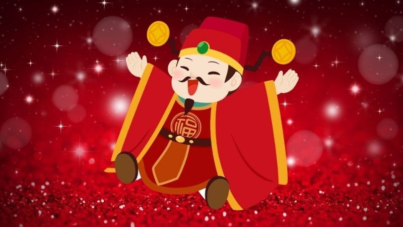 Ảnh nền Thần Tài với trang phục lộng lẫy và biểu tượng tài lộc