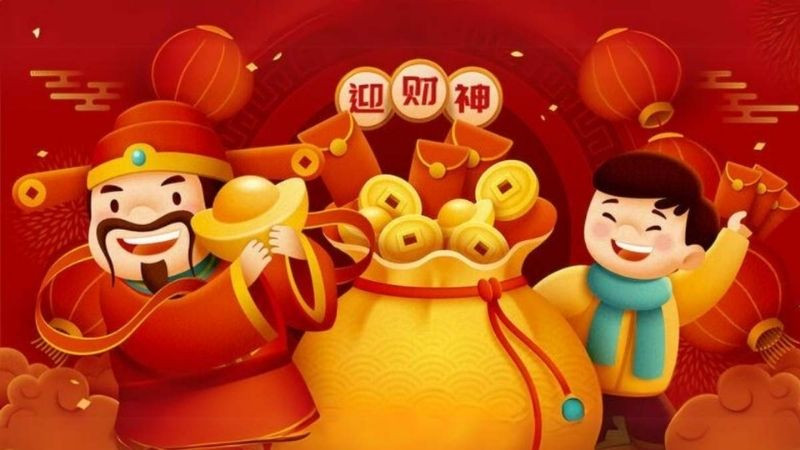 Ảnh nền Thần Tài với vẻ ngoài phúc hậu và trang phục đỏ