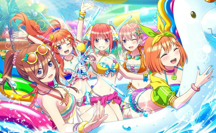 Ảnh nhóm nhân vật anime mặc bikini chơi trò chơi nước