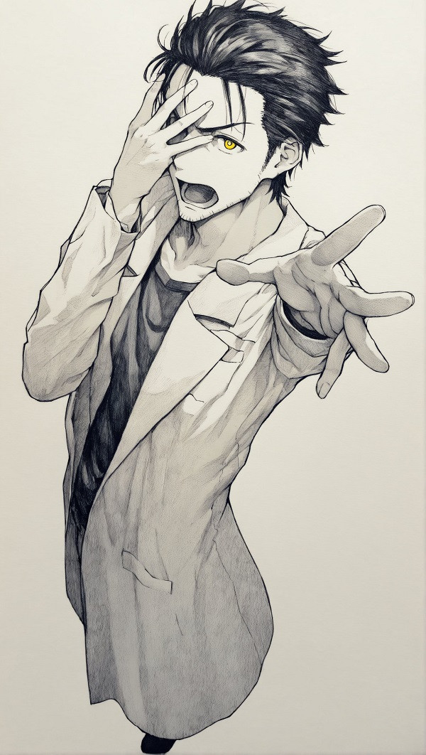 Ảnh Okabe Rintaro đưa tay lên với biểu cảm tự tin