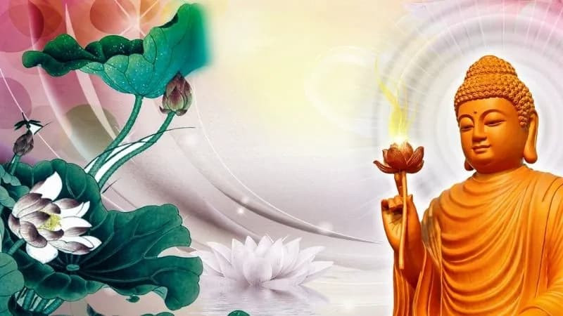 Ảnh Phật A Di Đà ngồi trên đài sen với phong cách vẽ truyền thống