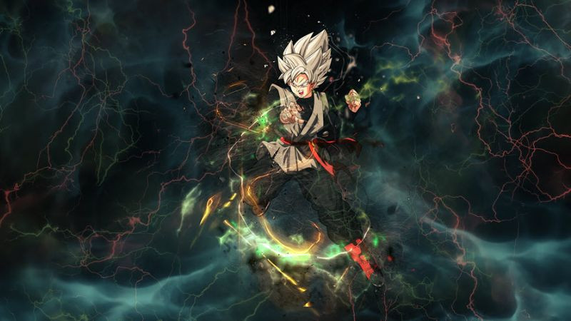 Ảnh Songoku đang bay lên với vầng năng lượng màu trắng, có thể là Ultra Instinct