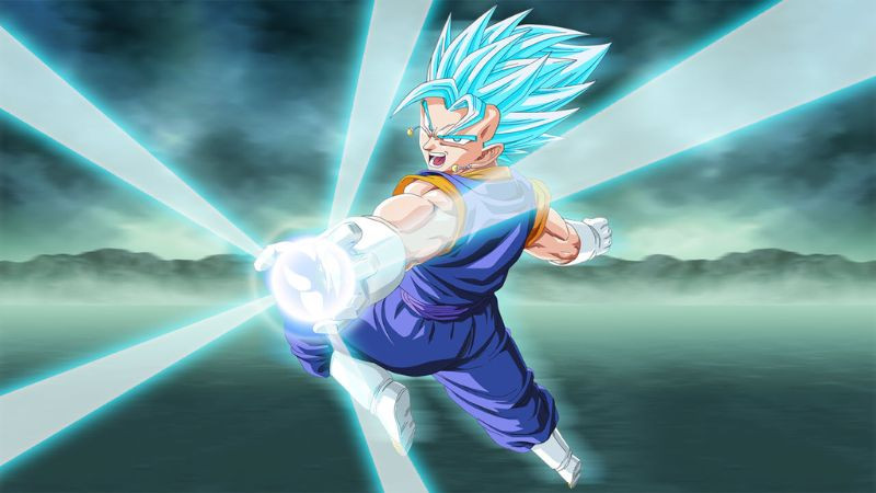 Ảnh Songoku Super Saiyan chuẩn bị đối đầu với đối thủ trên nền trời u ám