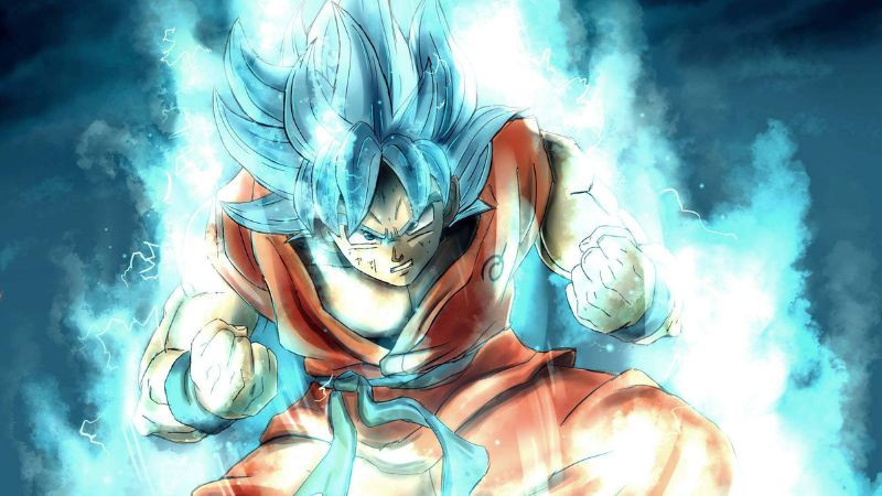 Ảnh Songoku Super Saiyan đang bay lên giữa khói bụi của trận chiến