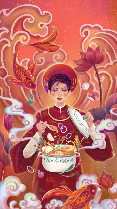 Ảnh Tết vẽ cute chú mèo may mắn