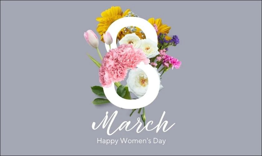 Ảnh thiệp 8/3 nền xanh lá cây với hình ảnh lá và dòng chữ chúc mừng