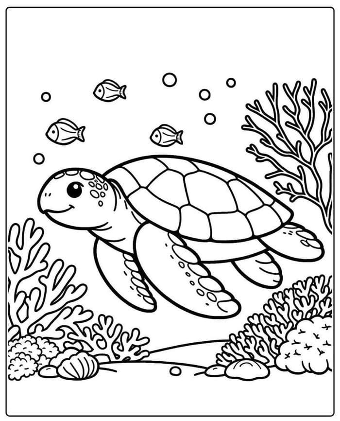 Ảnh tranh tô màu con rùa đáng yêu đang bơi
