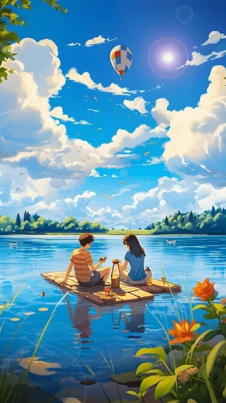 Anh và em cùng chèo bè ra giữa hồ nước cùng bầu trời trong xanh trong hình Anime