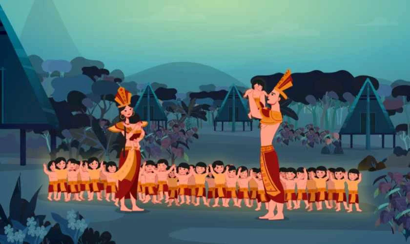 Ảnh vẽ mô tả huyền thoại Cha Lạc Long Quân và Mẹ Âu Cơ - nguồn gốc dân tộc Việt Nam